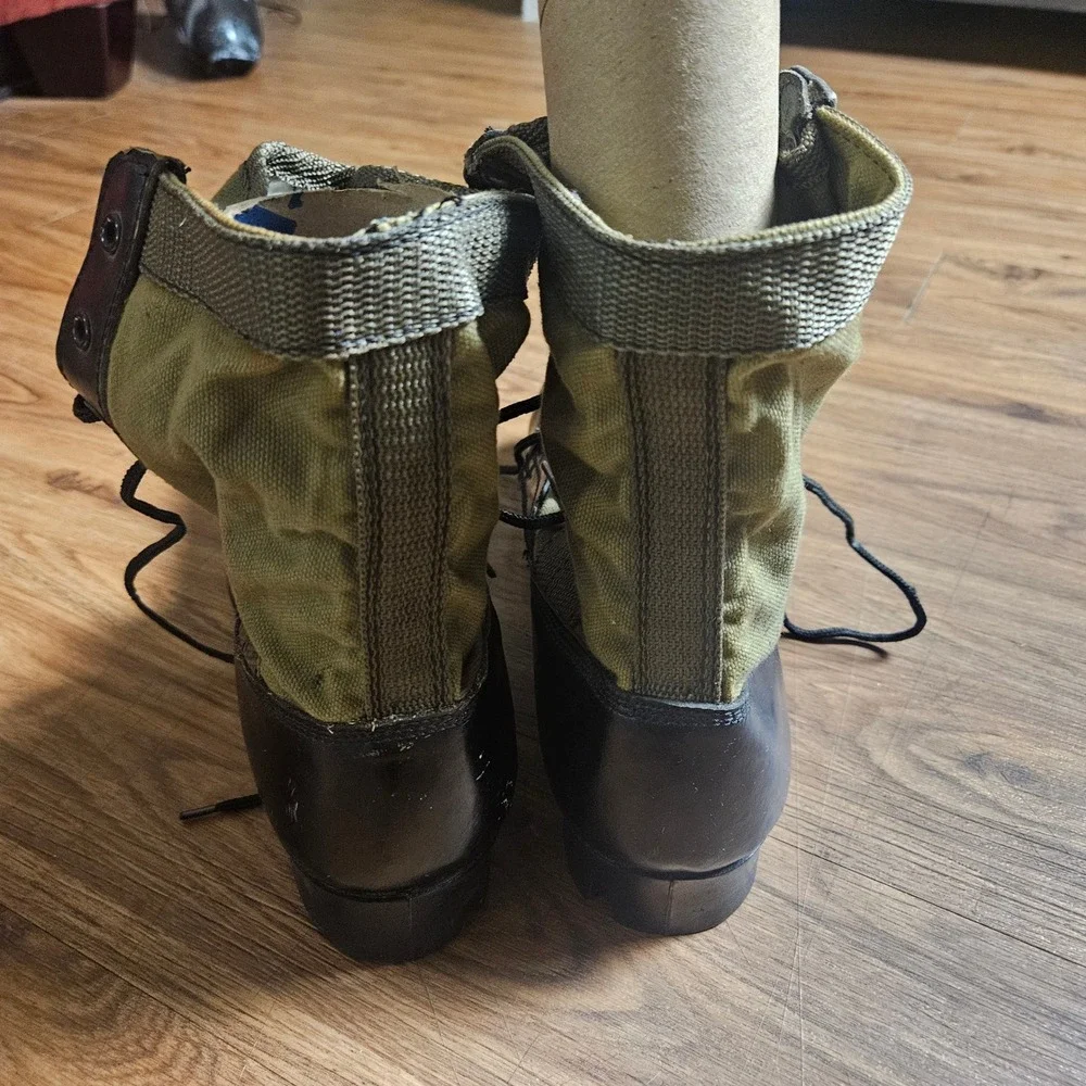 Vintage US Military Jungle Boots Black Leather Olive Canvas Panama Sole 13R
